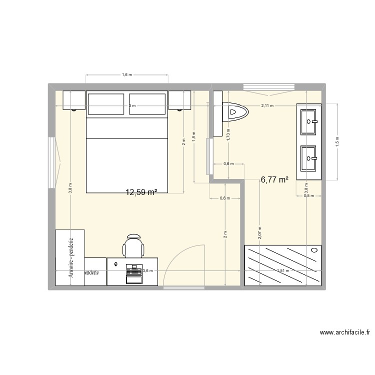 Salle deau V2. Plan de 2 pièces et 19 m2