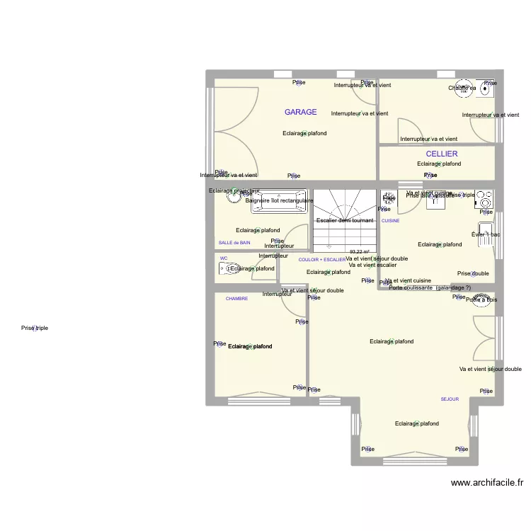 Rez de chauss&eacute;e Option 1 Electricit&eacute;. Plan de 1  et 93 m²