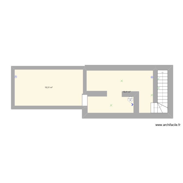 cave. Plan de 2 pièces et 35 m2