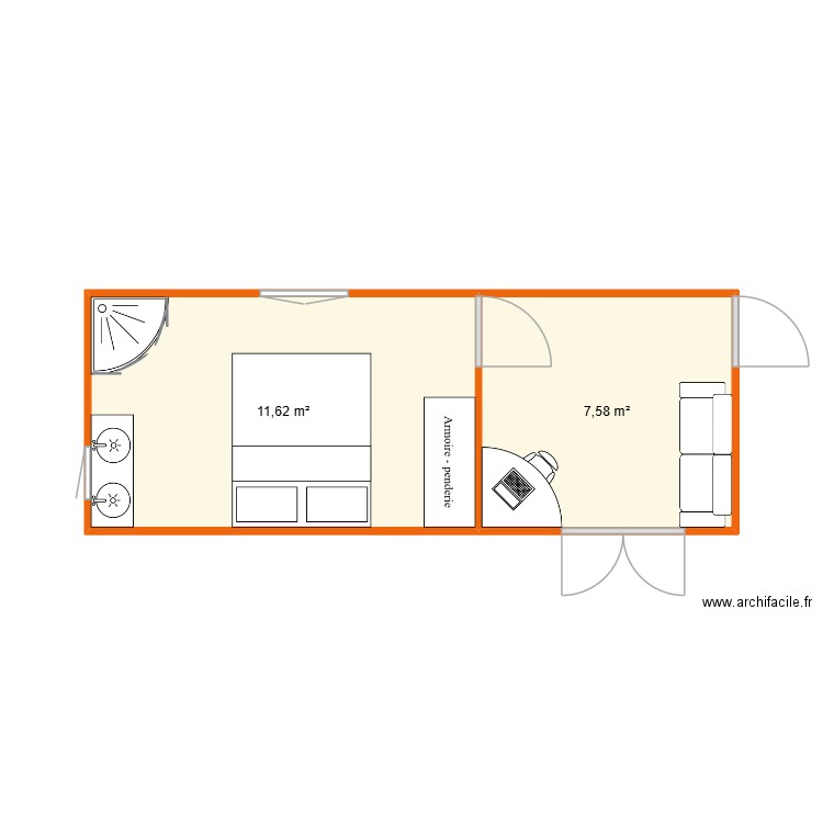 chalet tourves. Plan de 2 pièces et 19 m2