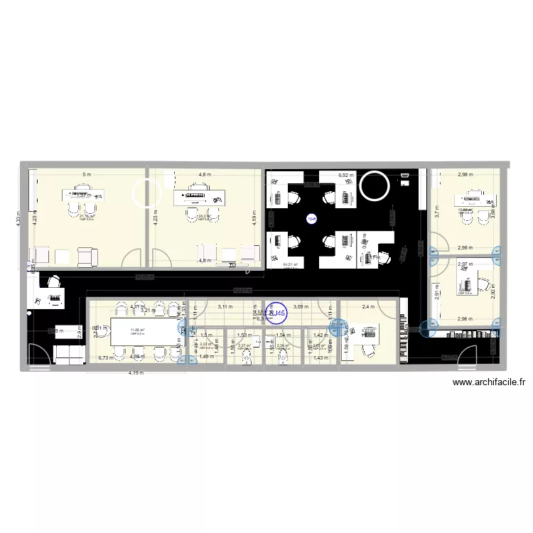 Plan bureau version 1 &eacute;tage 19. Plan de 12 pièces et 159 m²