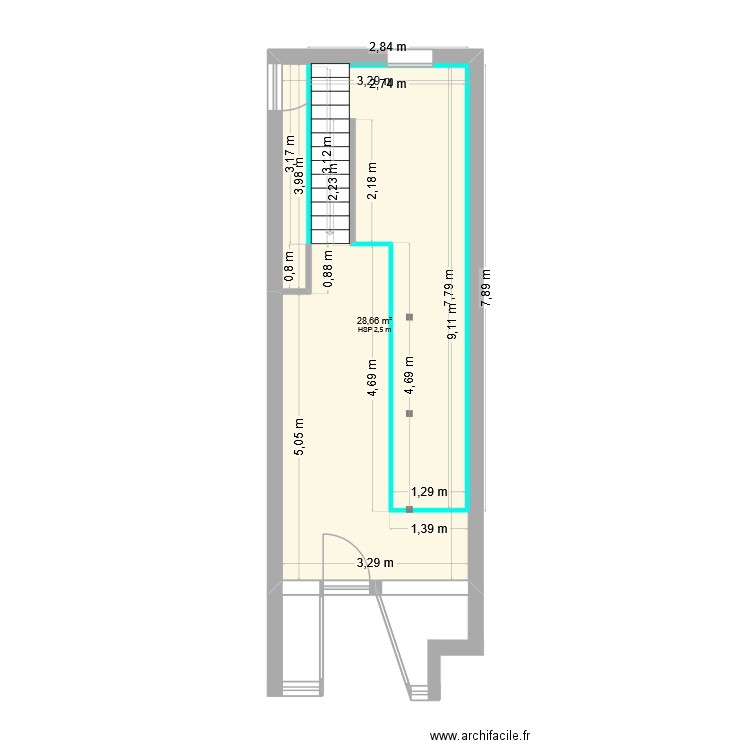 Rez de chaussée pièce 1 avec mezzanine. Plan de 1 pièce et 29 m2