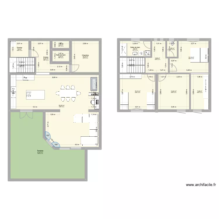 Plan maison actuel (environ). Plan de 16  et 199 m²