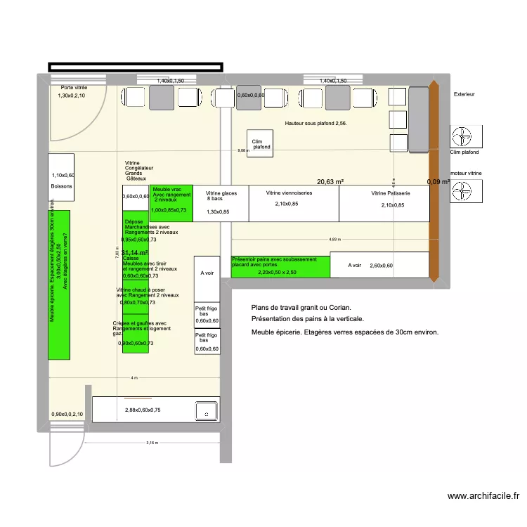 Patisserie. dimensions meubles. 6. Plan de 3  et 52 m²