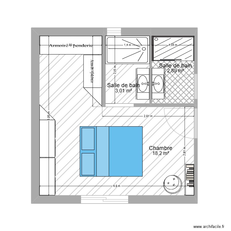enT_suiteP2. Plan de 3 pièces et 24 m2