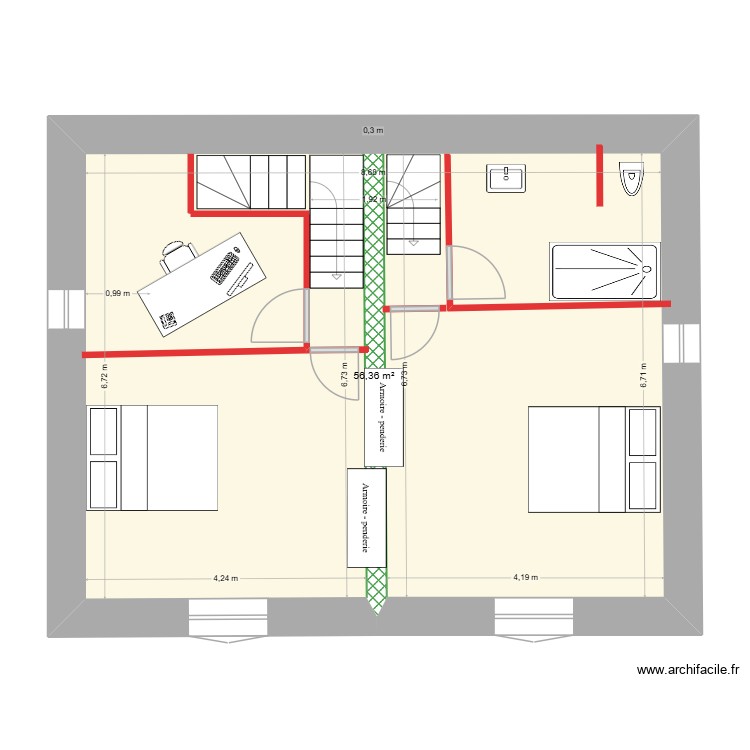 Plan étage avec deux escaliers 3 chambres une seule sdb étage. Plan de 0 pièce et 0 m2 Plan étage avec deux escaliers 3 chambres une seule sdb étage. Plan de 0 pièce et 0 m2