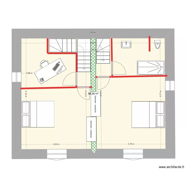 Plan &eacute;tage avec deux escaliers 3 chambres une seule sdb &eacute;tage. Plan de 1  et 56 m²