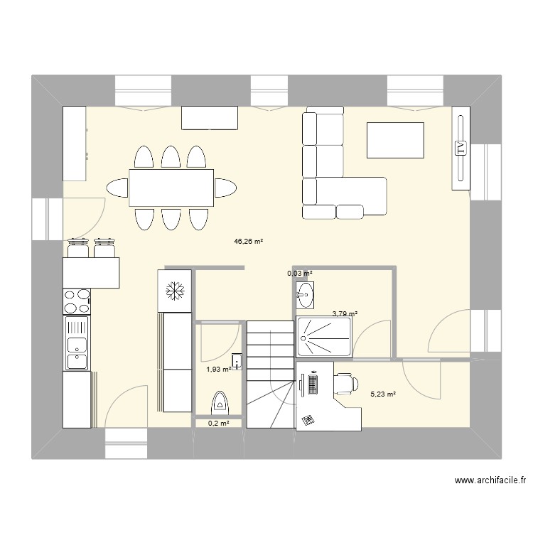 RDC maison. Plan de 6 pièces et 57 m2