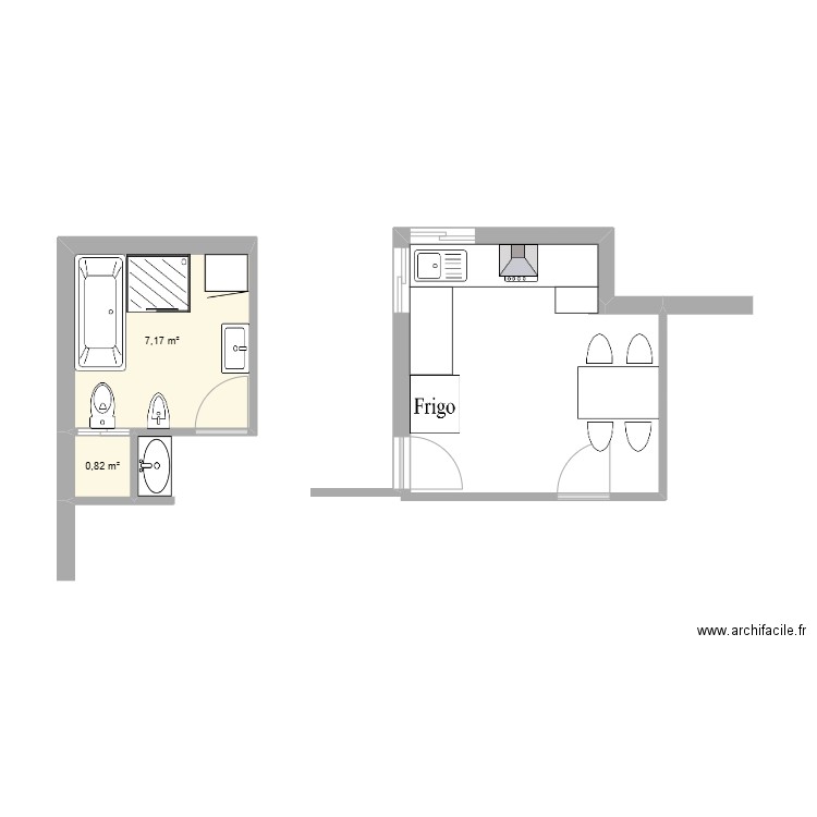 Salle de bain. Plan de 2 pièces et 8 m2