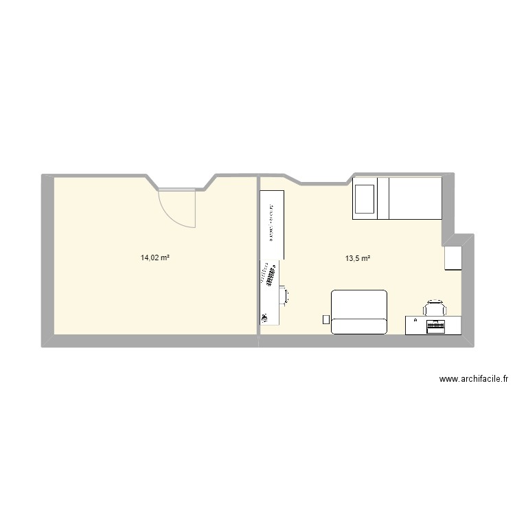 Chambres. Plan de 2 pièces et 28 m2