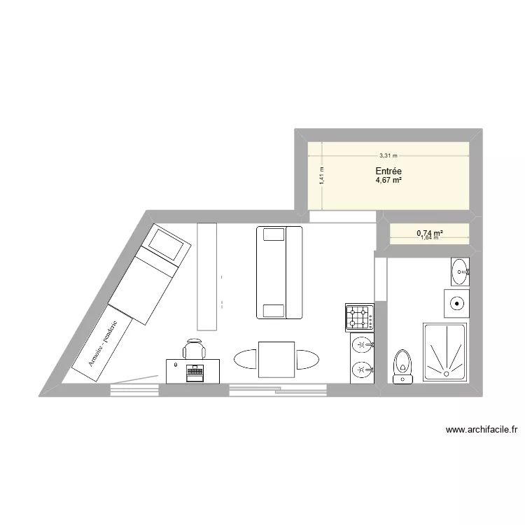 studio. Plan de 2  et 5 m²