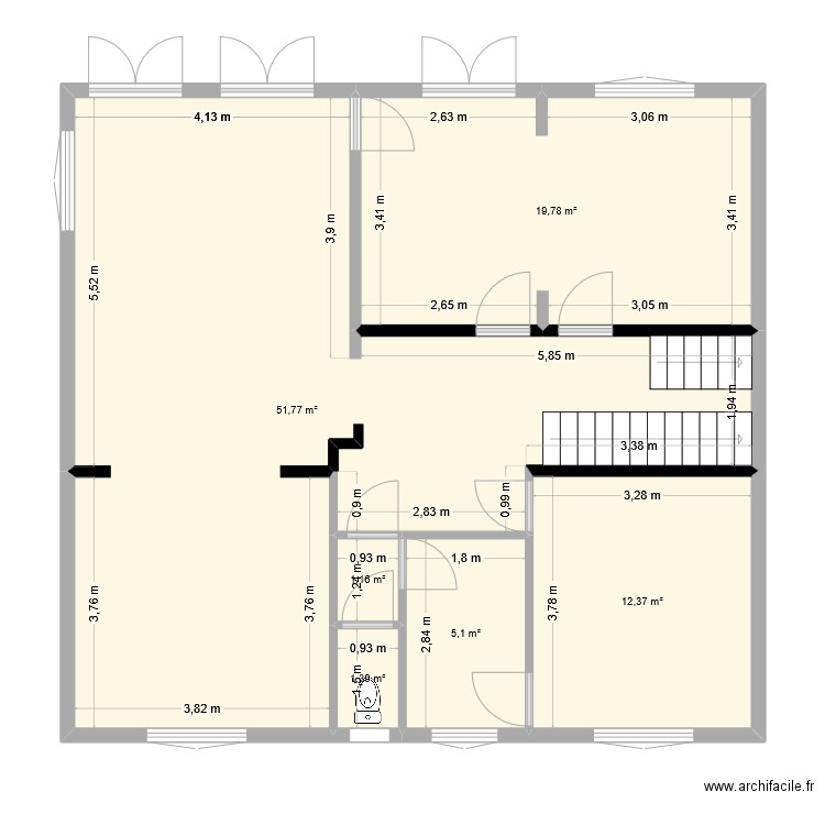 RDC. Plan de 6 pièces et 92 m2