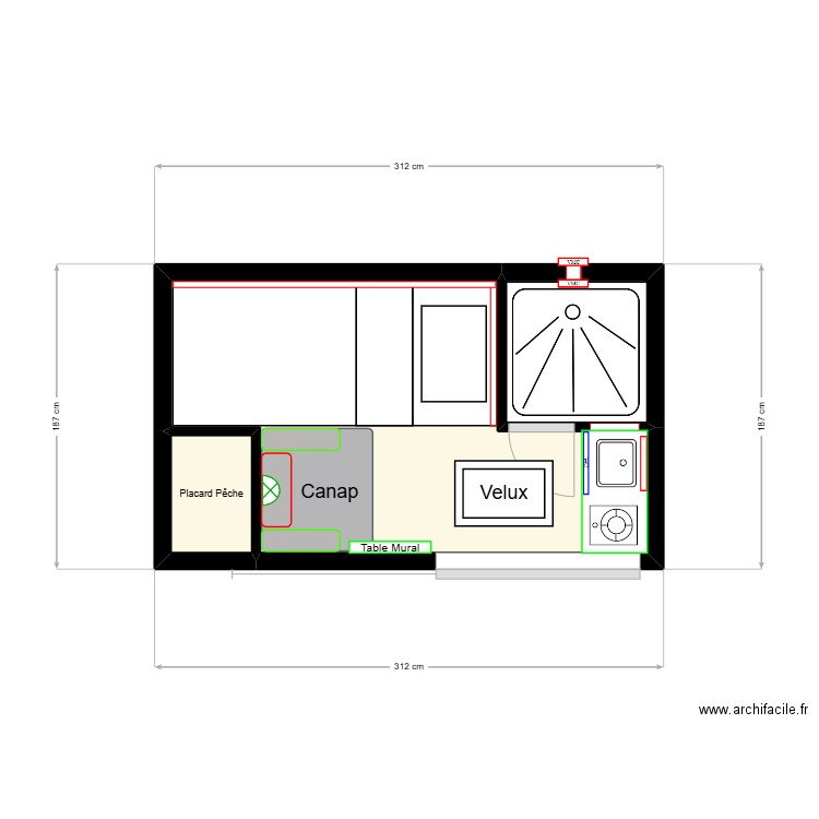 Fourgon . Plan de 3 pièces et 5 m2