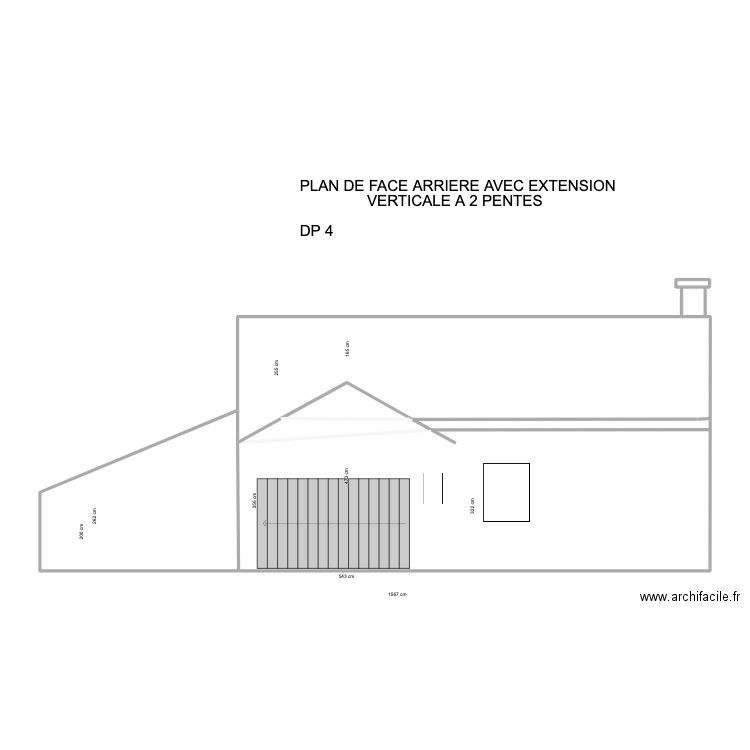 VUE FACE avant AVEC EXTENSION VERTICALE 1 PENTE. Plan de 4 pièces et 89 m2