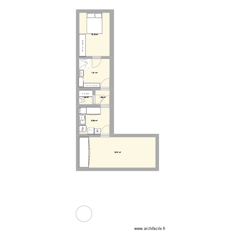 Plan en L lrgeur vivable  Sénario 1. Plan de 6 pièces et 46 m2