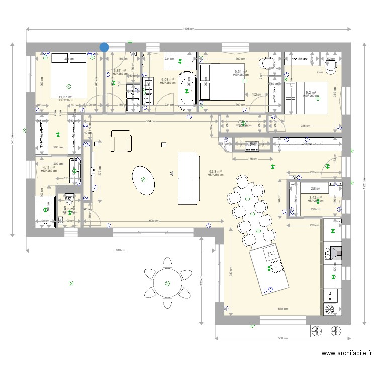 NOUVEAU PLAN 39CM EPAISSEUR MURS ELECTRICITE. Plan de 12 pièces et 115 m2