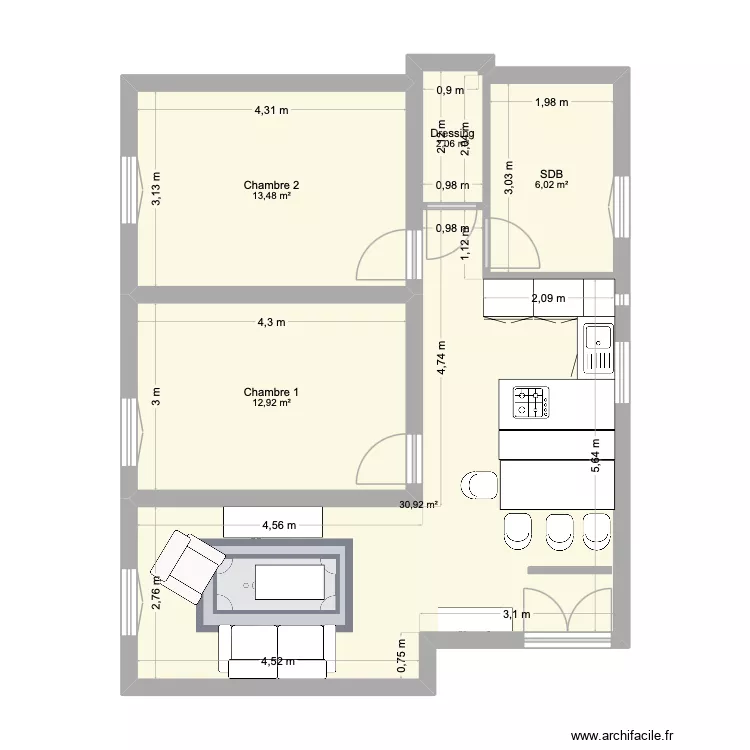 Vaugirard 2 am&eacute;nage. Plan de 5  et 65 m²