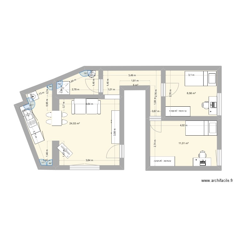 Appart1. Plan de 4 pièces et 49 m2
