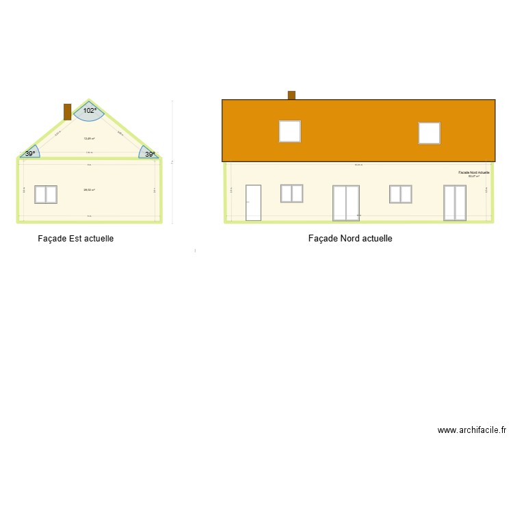 Plan de facade et toiture LFI. Plan de 3 pièces et 93 m2