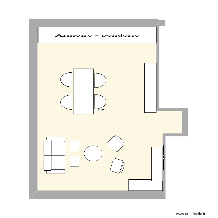 pièce de vie. Plan de 1 pièce et 39 m2