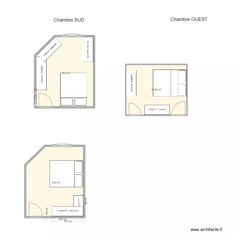 Chambres. Plan de 3 pièces et 37 m²