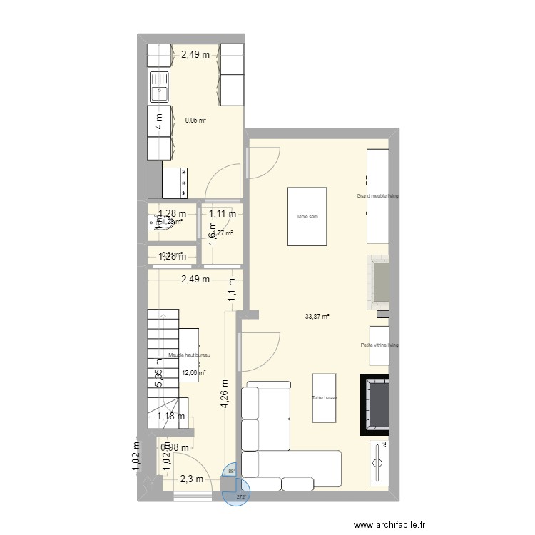 Living. Plan de 6 pièces et 60 m2