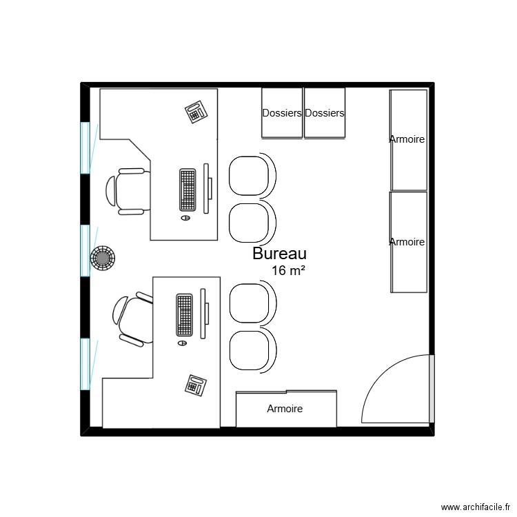 Bureau. Plan de 1 pièce et 16 m2