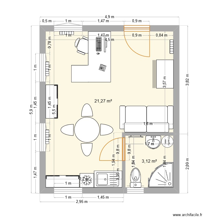 projet bureau avec cotes. Plan de 3 pièces et 49 m2
