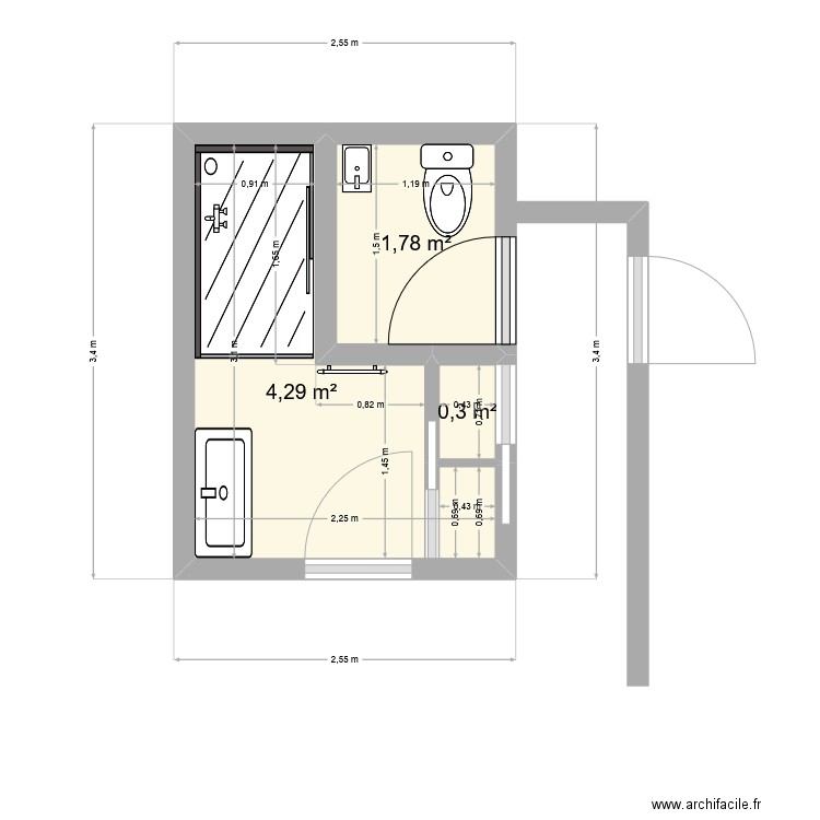 salle de bain 2. Plan de 3 pièces et 6 m2
