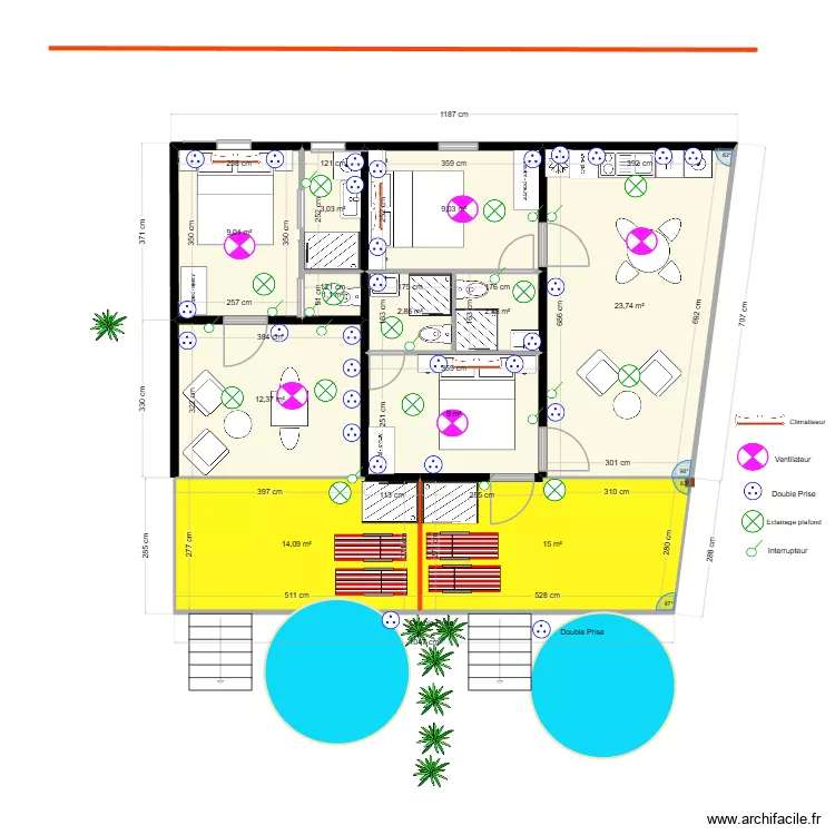 Popotte Bungalow &eacute;lectrique. Plan de 11  et 102 m²