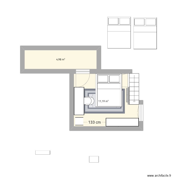 Chambre Daunes. Plan de 2 pièces et 16 m2