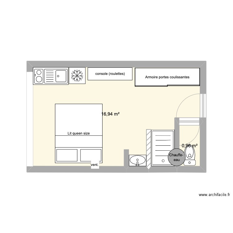 Studio Sablettes V2 cuisine diagonale. Plan de 2 pièces et 18 m2