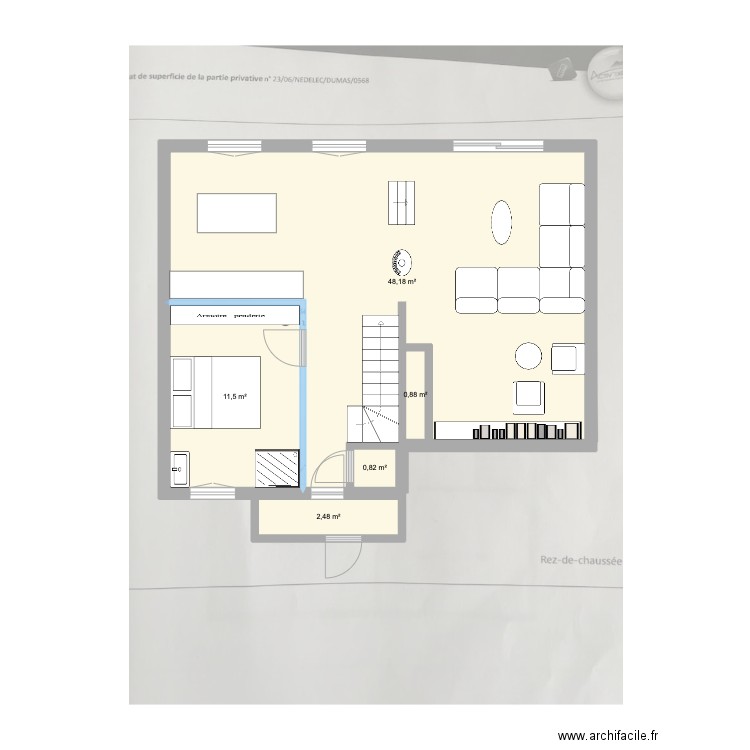 Maison Pegomas RdC. Plan de 5 pièces et 64 m2