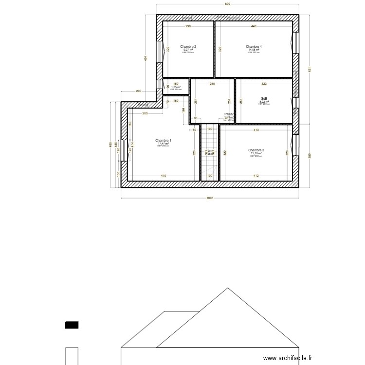 façade EST. Plan de 12 pièces et 150 m2