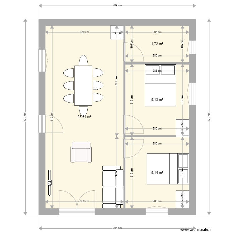 ooooooo. Plan de 4 pièces et 52 m2