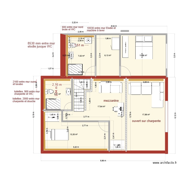 etage bodiguel 3 V1. Plan de 8 pièces et 80 m2