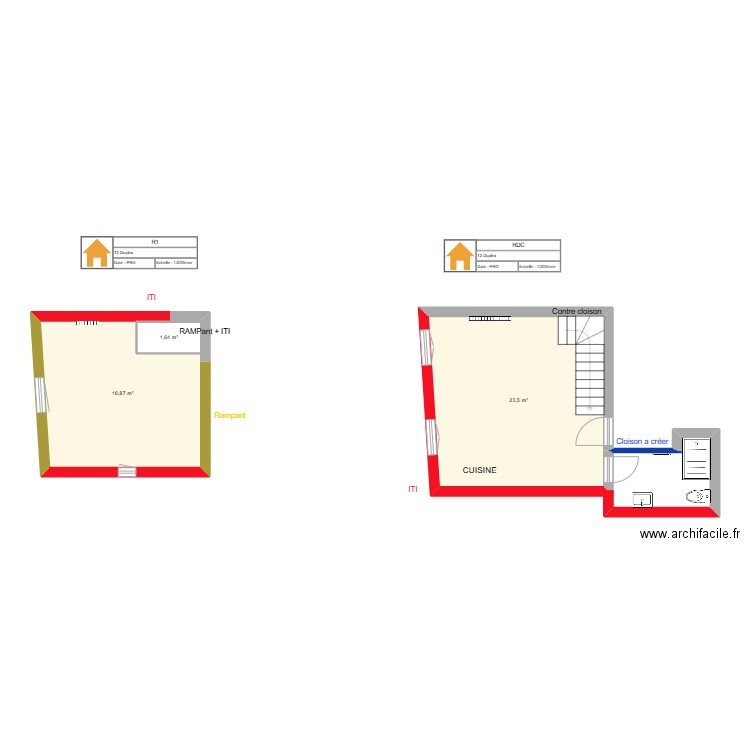 T3 Duplex LESPINE. Plan de 3 pièces et 44 m2
