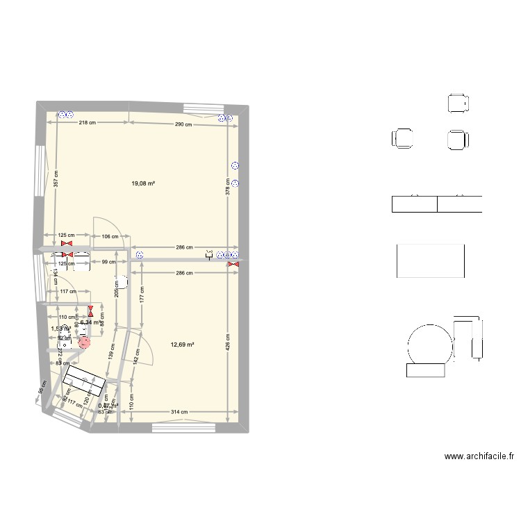 BUREAU2. Plan de 5 pièces et 40 m2