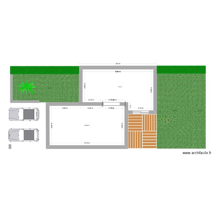 Extension Maison. Plan de 2 pièces et 81 m2