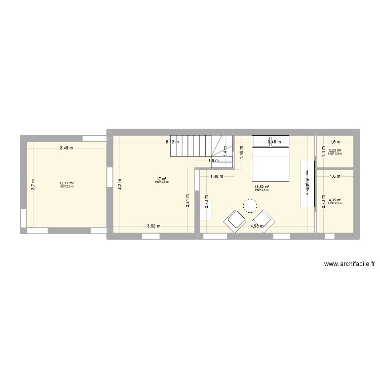 Rdc T2. Plan de 5 pièces et 55 m2