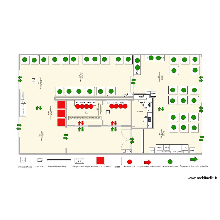 Produits emballés et nus / stockage. Plan de 5 pièces et 65 m2