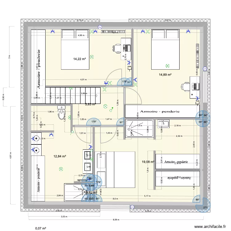 2e &eacute;tage d&eacute;finitif variante 2. Plan de 7  et 68 m²