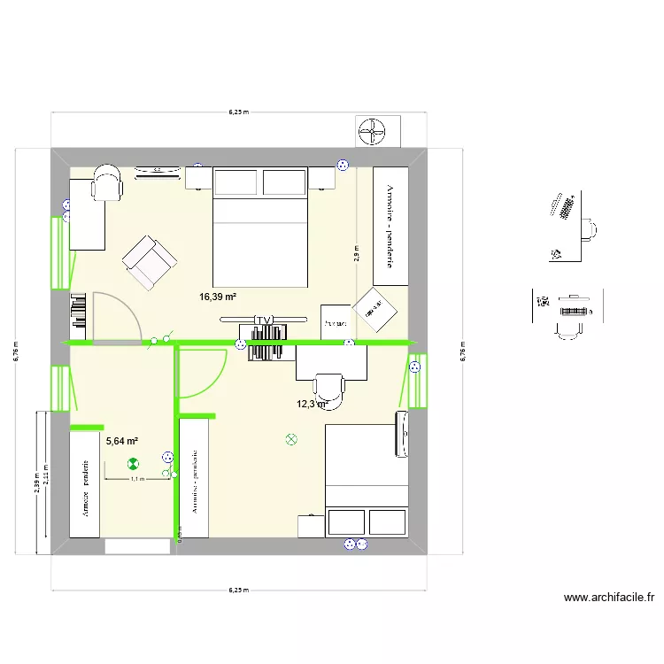 PlanChambresP&C+Lucas_AvecMeubles_juillet26. Plan de 3  et 34 m²