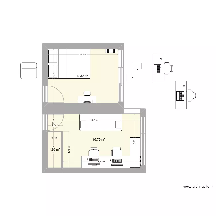Appart Sgr (chambre d'amis et bureau v2). Plan de 3  et 21 m²