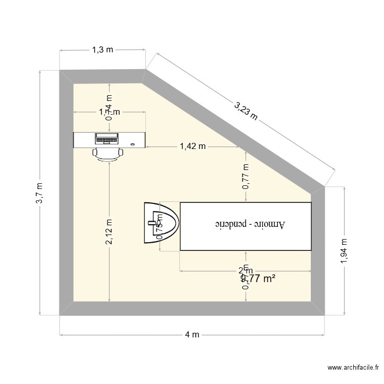 piéce laetitia. Plan de 1 pièce et 10 m2