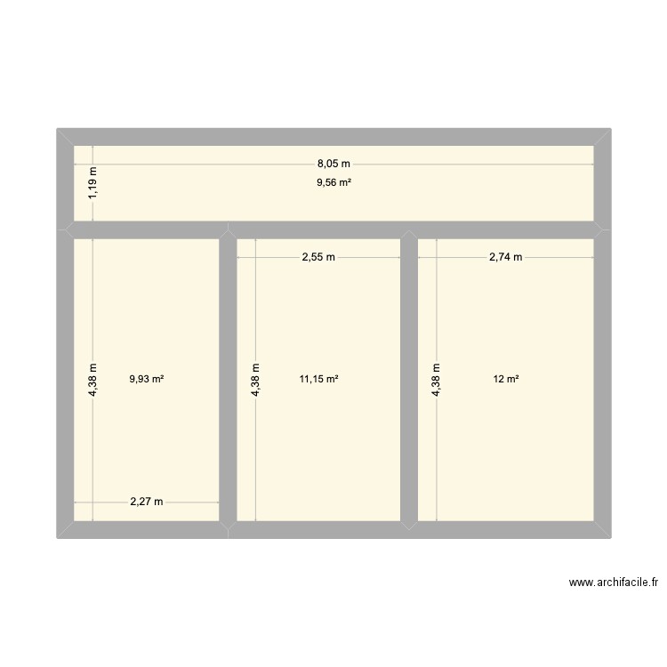 R+1. Plan de 4 pièces et 43 m2