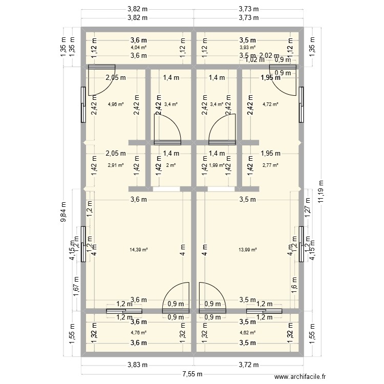HALL ESTHER. Plan de 14 pièces et 72 m2
