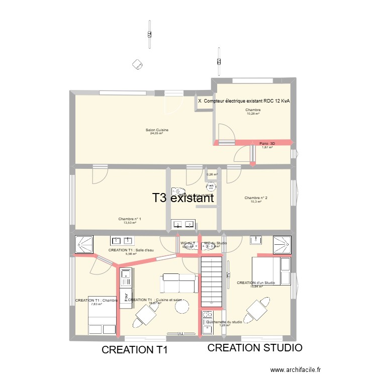 Appartement du RDC avec création d'un studio et d'un T1. Plan de 15 pièces et 116 m2