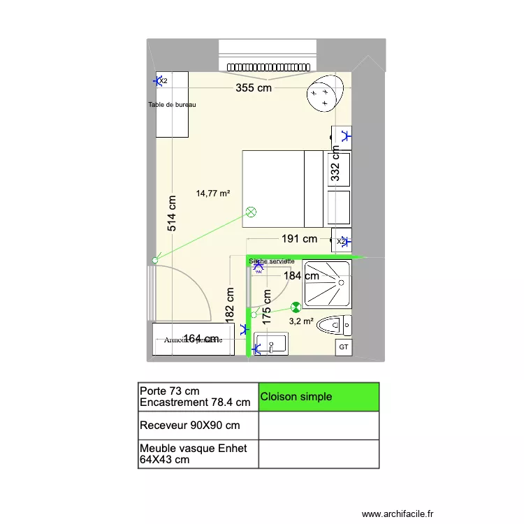 Chambre 9 (1er &eacute;tage). Plan de 2  et 18 m²