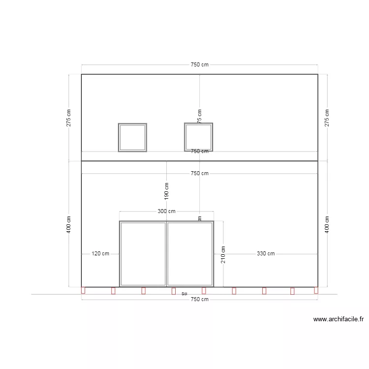 Vue coupe fa&ccedil;ade arri&egrave;re WWM02.25. Plan de 